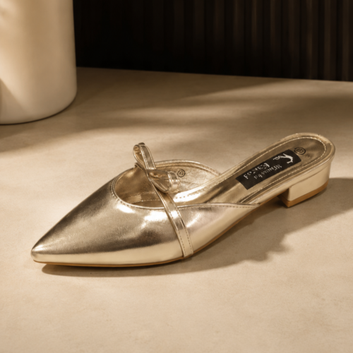 Mules Metallic Gold με Χαμηλό Τακούνι και Φιόγκο (Μεγάλα Μεγέθη 41-44)!!!DMS313-25