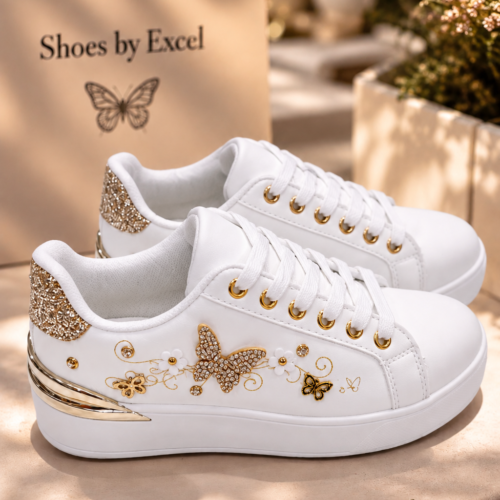 Γυναικεία Ανατομικά Sneakers Excel με Κεντητές Πεταλούδες & Στρας – Μαύρο & Λευκό!!!AE12-YD9974