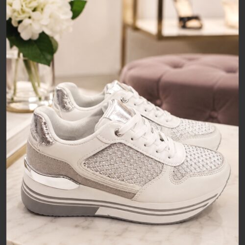 Λευκά Flatform Sneakers με Λαμπερά Στρας & Μεταλλικές Λεπτομέρειες!AD-125