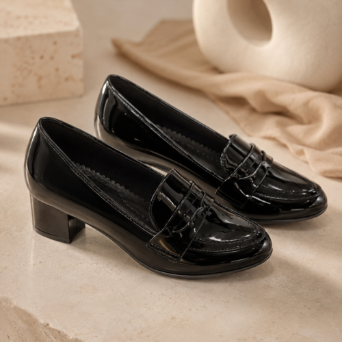 ΓΥΝΑΙΚΕΙΑ ΜΑΥΡΑ ΛΟΥΣΤΡΙΝΙ LOAFERS ΜΕ ΣΤΑΘΕΡΟ ΤΑΚΟΥΝΙ!!!JSZ-130