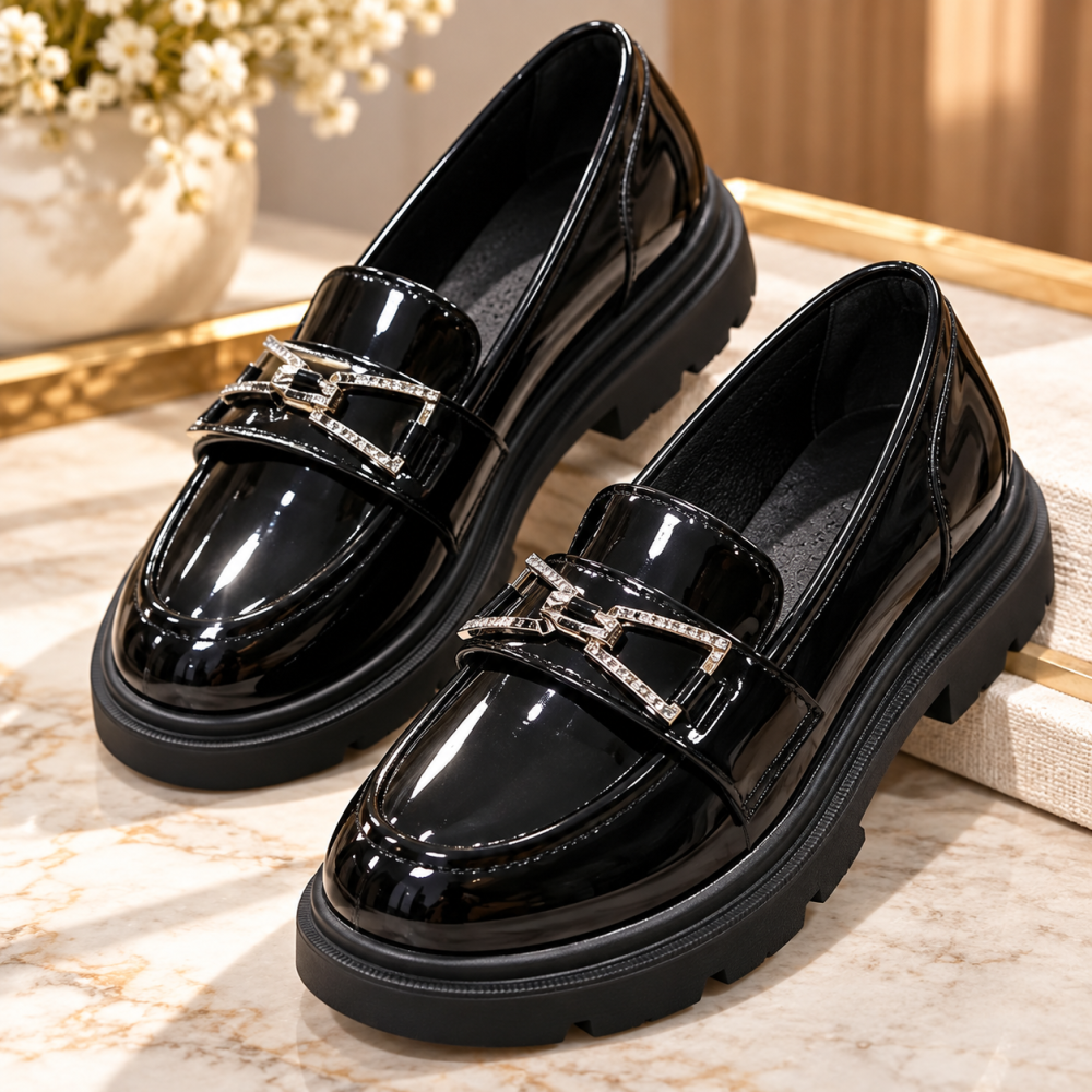 Chunky Loafers Λουστρίνι με Λαμπερή Αγκράφα – Μαύρο!!!5520-19