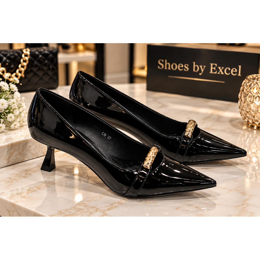 Μαύρες Γόβες Λουστρίνι Kitten Heels με Μεταλλική Λεπτομέρεια!!!Q68