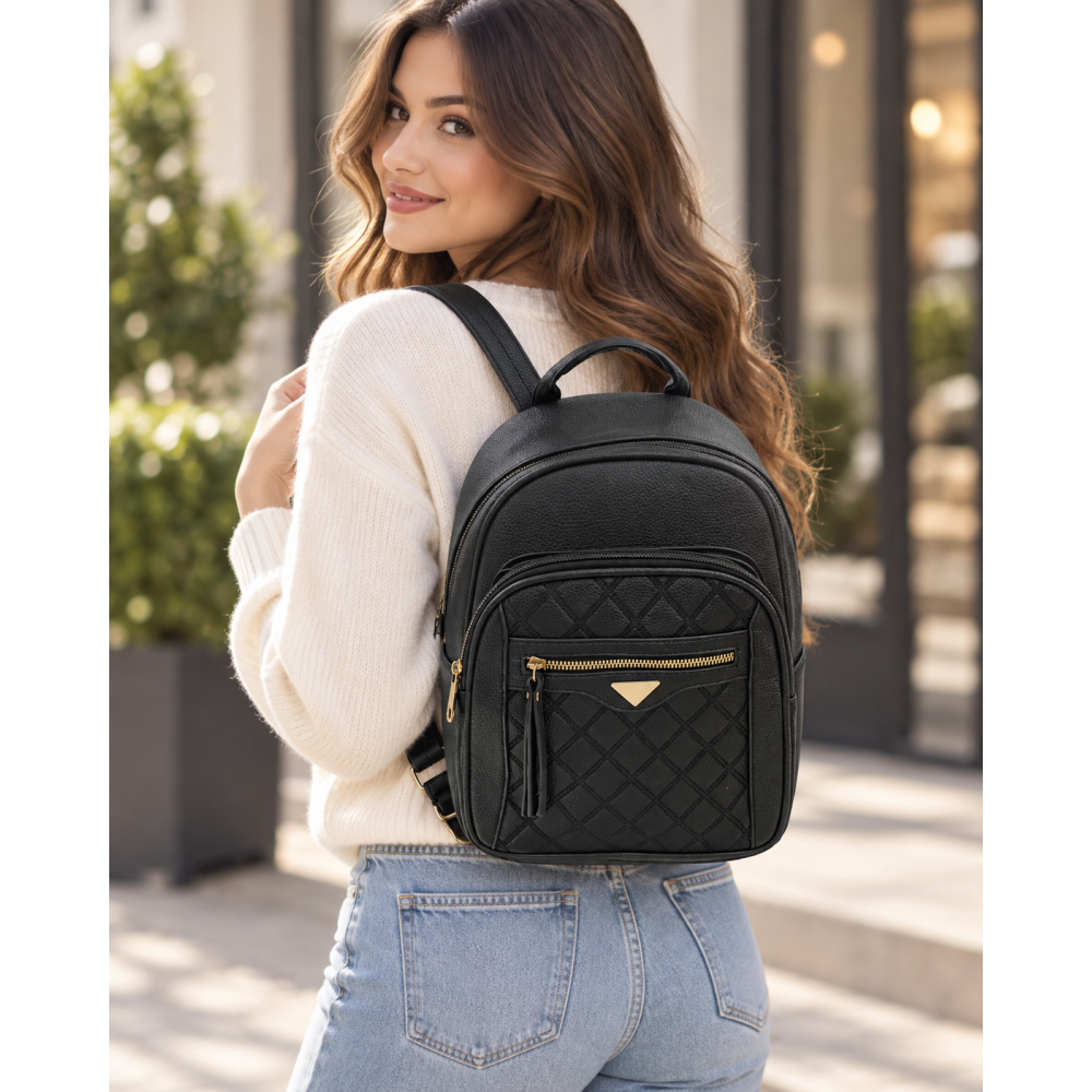 Δερμάτινη Τσάντα Πλάτης (Backpack) με Καπιτονέ Σχέδιο και Χρυσές Λεπτομέρειες – Μαύρη!!!1678