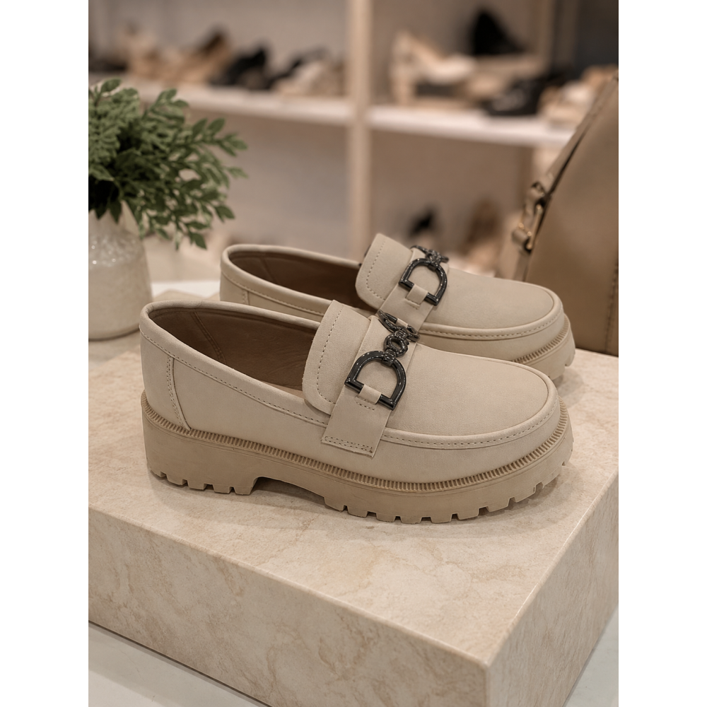 Chunky Loafers Μπεζ με Μεταλλική Αγκράφα & Τρακτερωτή Σόλα Πλατφόρμα 4cm!!!M303