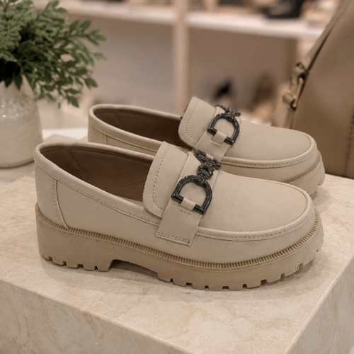 Chunky Loafers Μπεζ με Μεταλλική Αγκράφα & Τρακτερωτή Σόλα Πλατφόρμα 4cm!!!M303