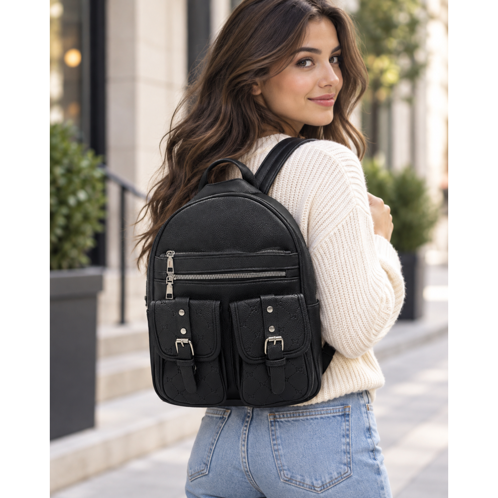 Μαύρο Σακίδιο Πλάτης Premium Eco-Leather με Πολλαπλές Θήκες!!!1987