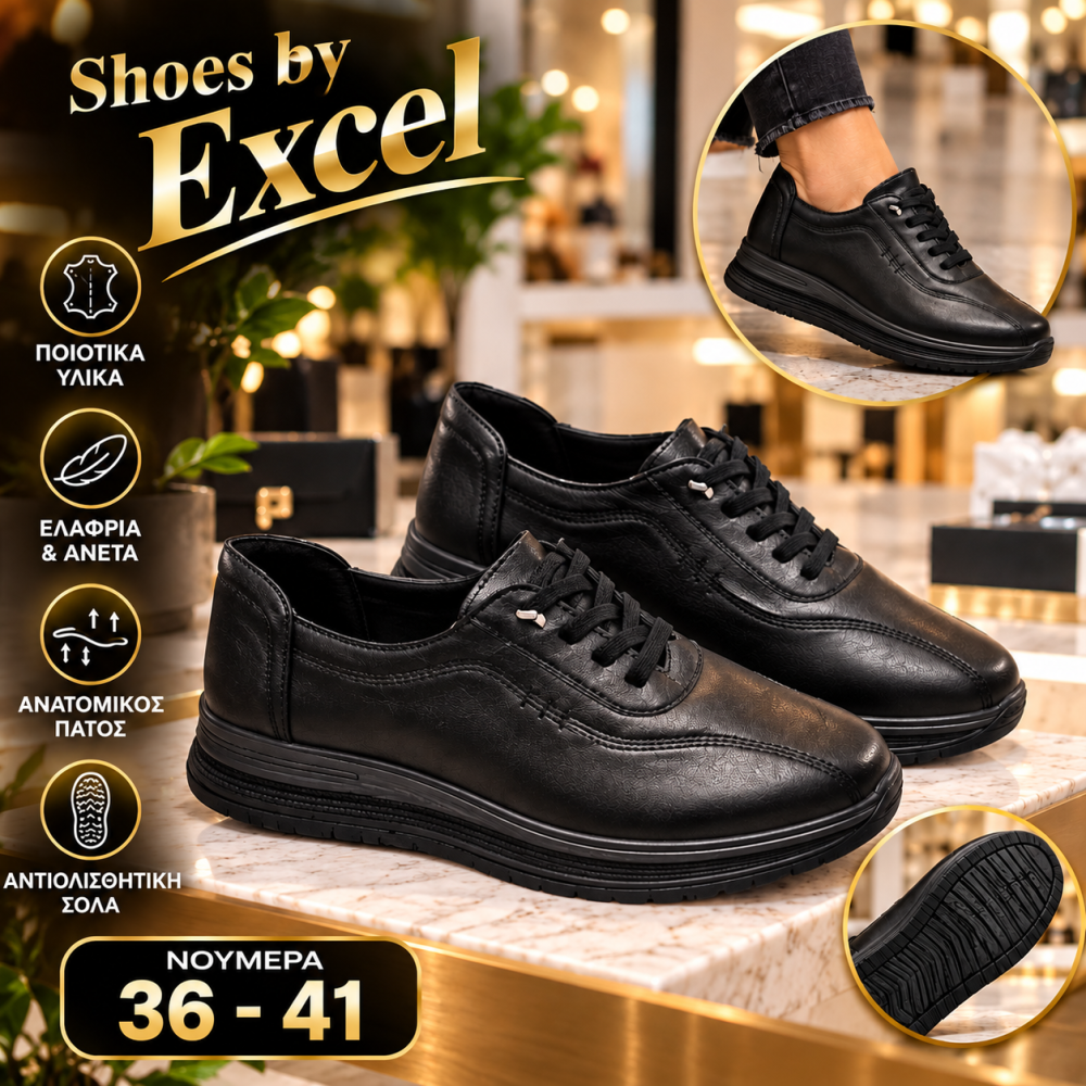 Γυναικεία Ανατομικά Παπούτσια Shoes by Excel – Μαύρα Δερμάτινα Sneakers για Άνετο Βάδισμα!AA53