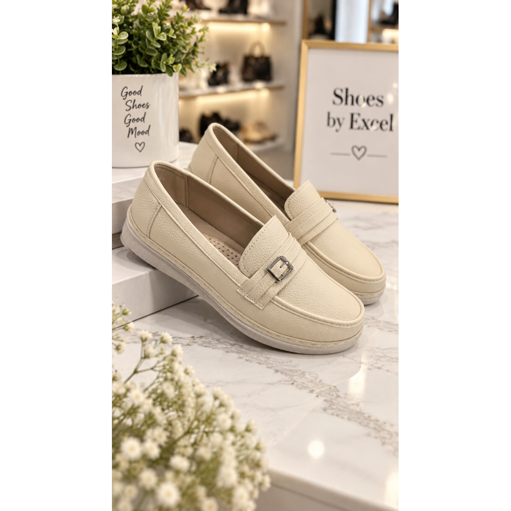 Ανατομικά Loafers Δερμάτινης Όψης με Αγκράφα – Μπεζ / Off-White!!!AB26-12