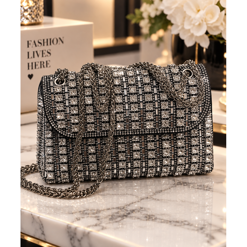 ΒΡΑΔΙΝΟ ΤΣΑΝΤΑΚΙ ΩΜΟΥ / CLUTCH ΜΕ STRASS & ΕΝΤΥΠΩΣΙΑΚΗ ΧΡΥΣΗ ΑΛΥΣΙΔΑ (ΔΙΑΘΕΣΙΜΟ ΣΕ ΧΡΥΣΟ & ΜΑΥΡΟ)MD2403