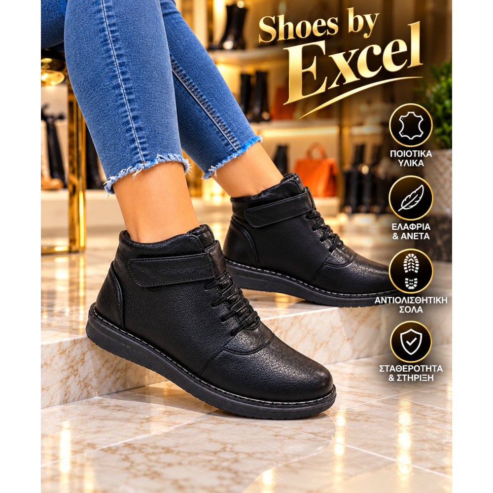 Comfort Leather-Look Μποτάκια με Λουράκι Velcro & Ελαστικά Κορδόνια!K207