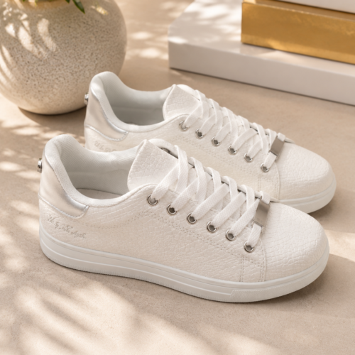 Γυναικεία Croco Sneakers με Metallic Λεπτομέρειες – Λευκό / Μαύρο!!!OX-2528