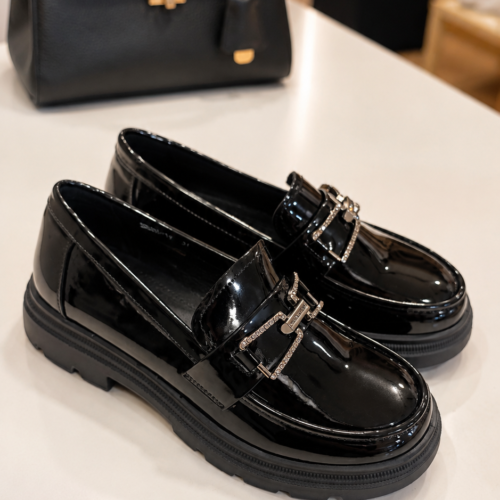 Chunky Loafers Λουστρίνι με Λαμπερή Αγκράφα – Μαύρο!!!5520-19