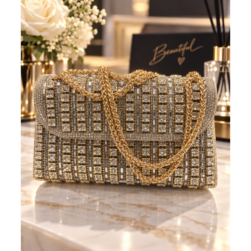 Βραδινό Τσαντάκι Ώμου / Clutch με Strass & Εντυπωσιακή Χρυσή Αλυσίδα (Διαθέσιμο σε Χρυσό & Μαύρο)MD2403