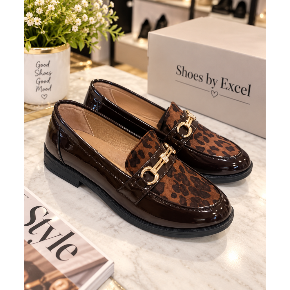 Γυναικεία Μοκασίνια Λουστρίνι με Animal Print Φάσα & Χρυσή Αγκράφα - Shoes by Excel!!!XY-748