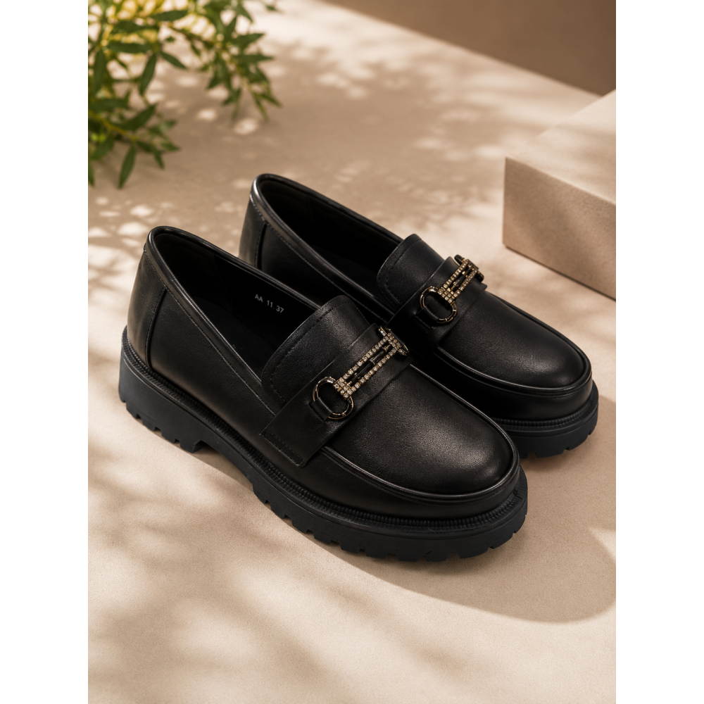 Γυναικεία Chunky Loafers με Διακοσμητική Αγκράφα και Τρακτερωτή Σόλα 4cm – Μαύρο!!!AA11