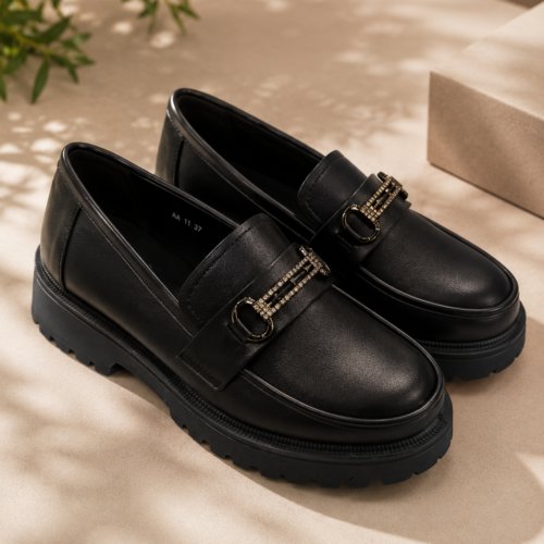 Γυναικεία Chunky Loafers με Διακοσμητική Αγκράφα και Τρακτερωτή Σόλα 4cm – Μαύρο!!!AA11