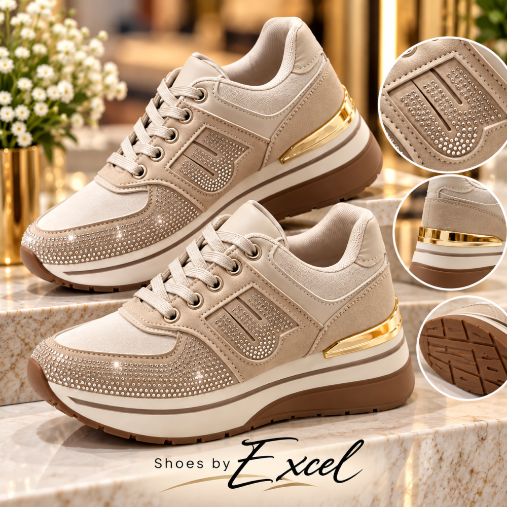 Γυναικεία Ανατομικά Flatform Sneakers Shoes by Excel με Στρας & Χρυσές Λεπτομέρειες - Μπεζ!!!CWSC26573207