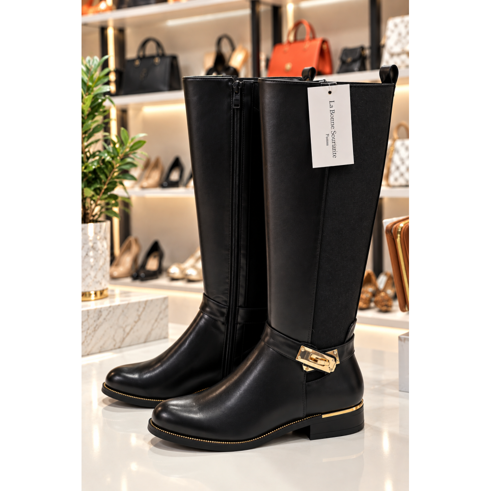 Μαύρες Leather Look Μπότες Ιππασίας με Ελαστική Εφαρμογή Comfort (Άνοιγμα 35cm)DMLM9668