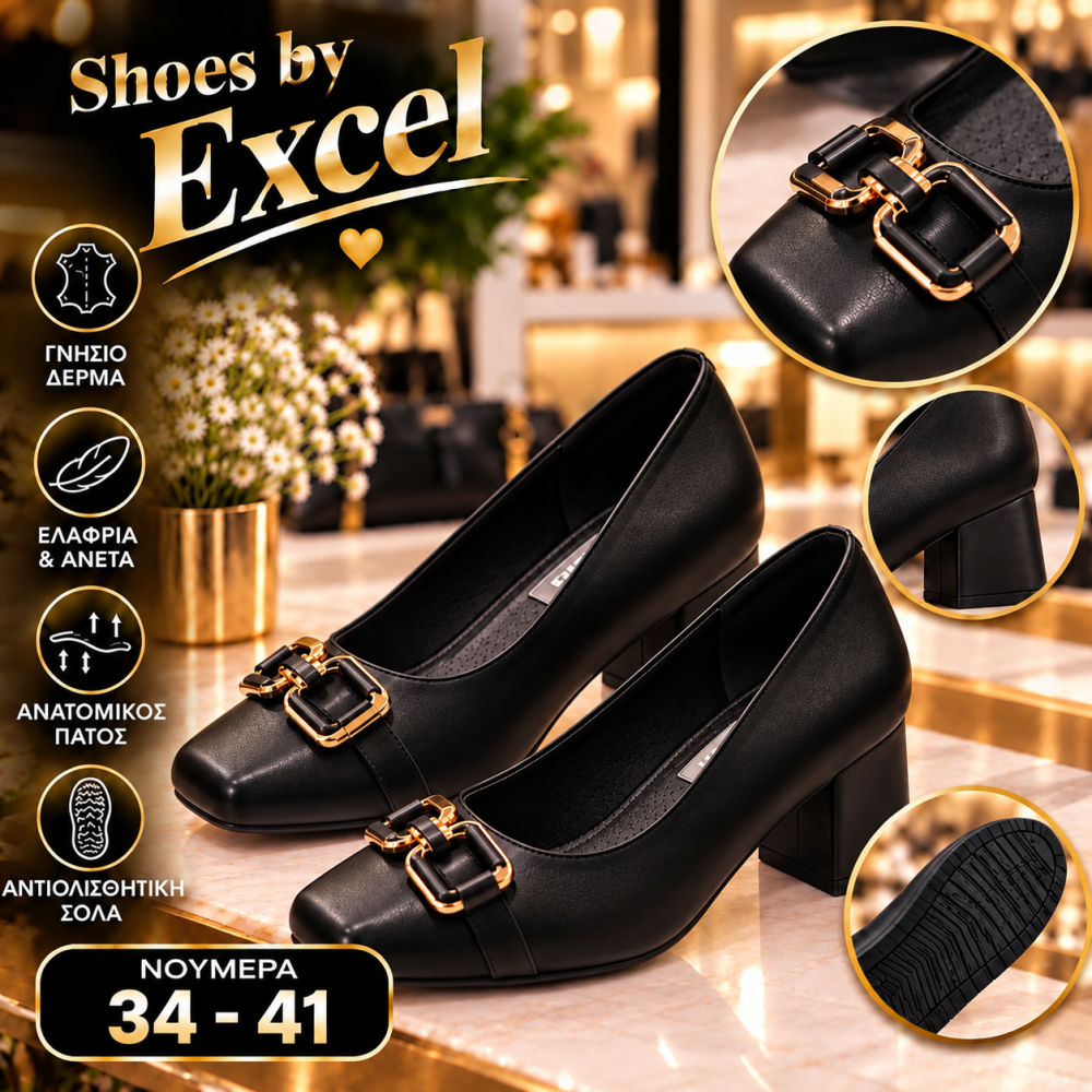 ShoesbyExcel Leather Pumps: Ανατομικές Δερμάτινες Γόβες με Χαμηλό Τακούνι 4εκ. – Black)