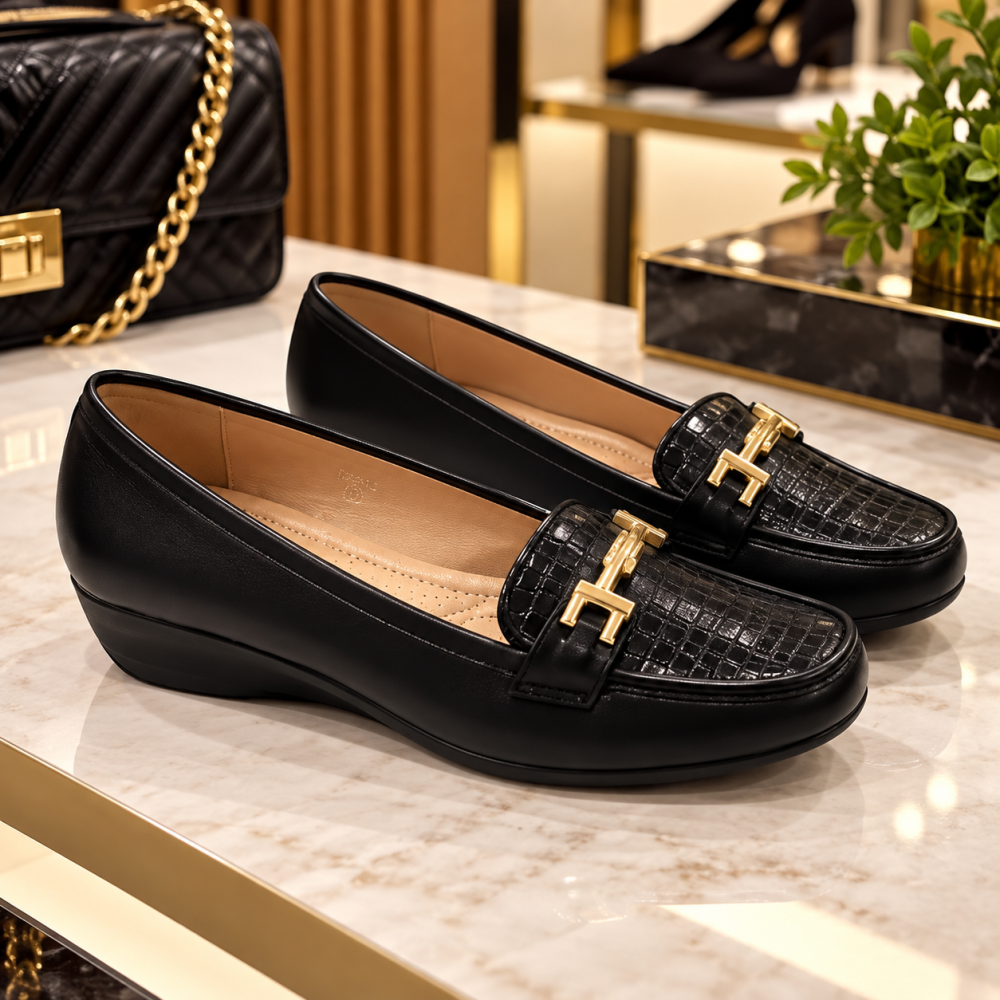 Μαύρα Δερμάτινα Loafers με Croco Λεπτομέρειες & Χρυσή Αγκράφα (Μεγάλα Νούμερα 41-44)DM9-12